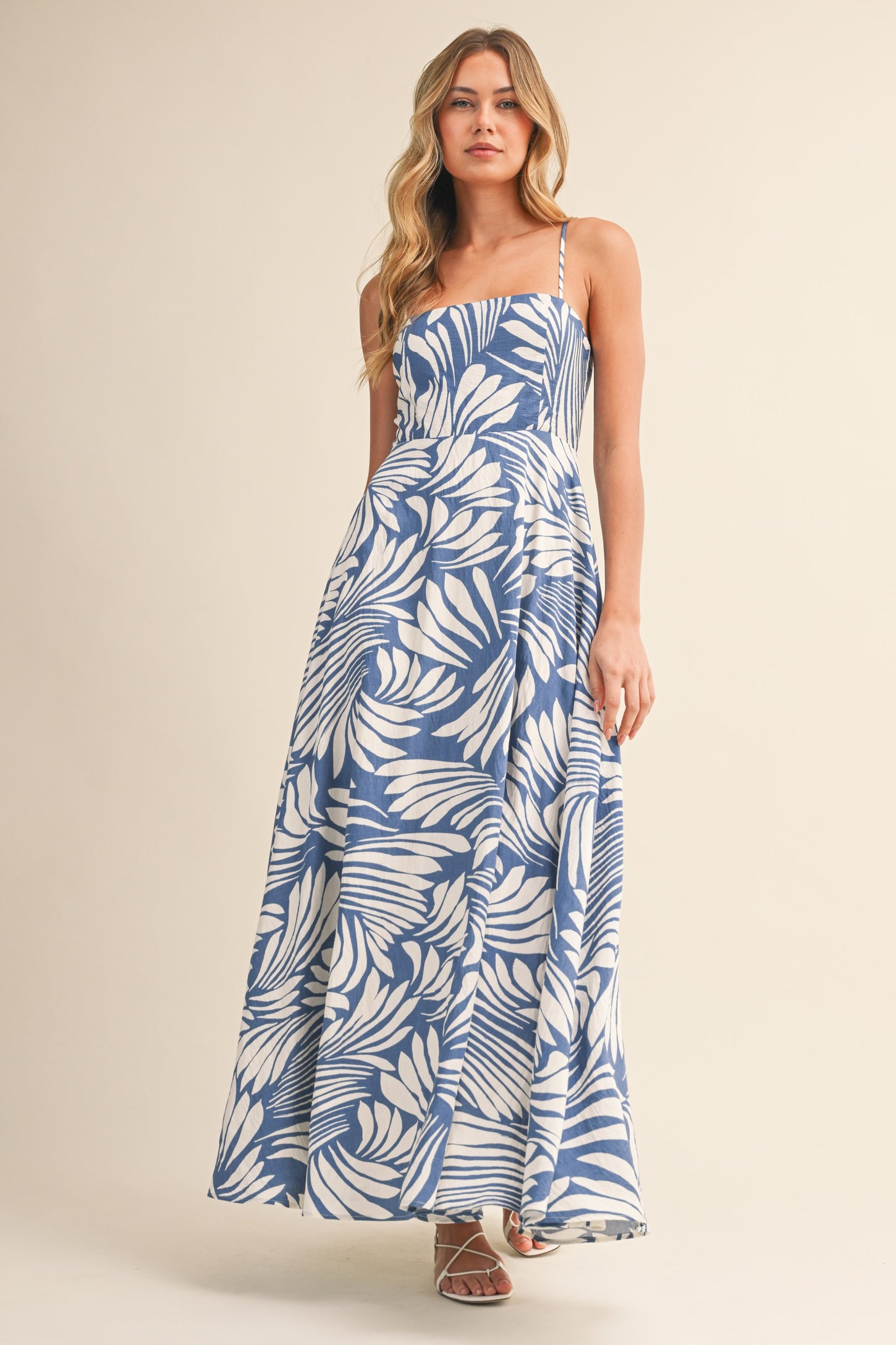 Blue Printed Linen A-Line Midi Dress