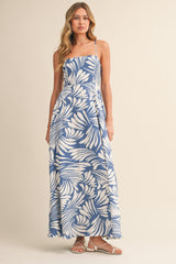 Blue Printed Linen A-Line Midi Dress