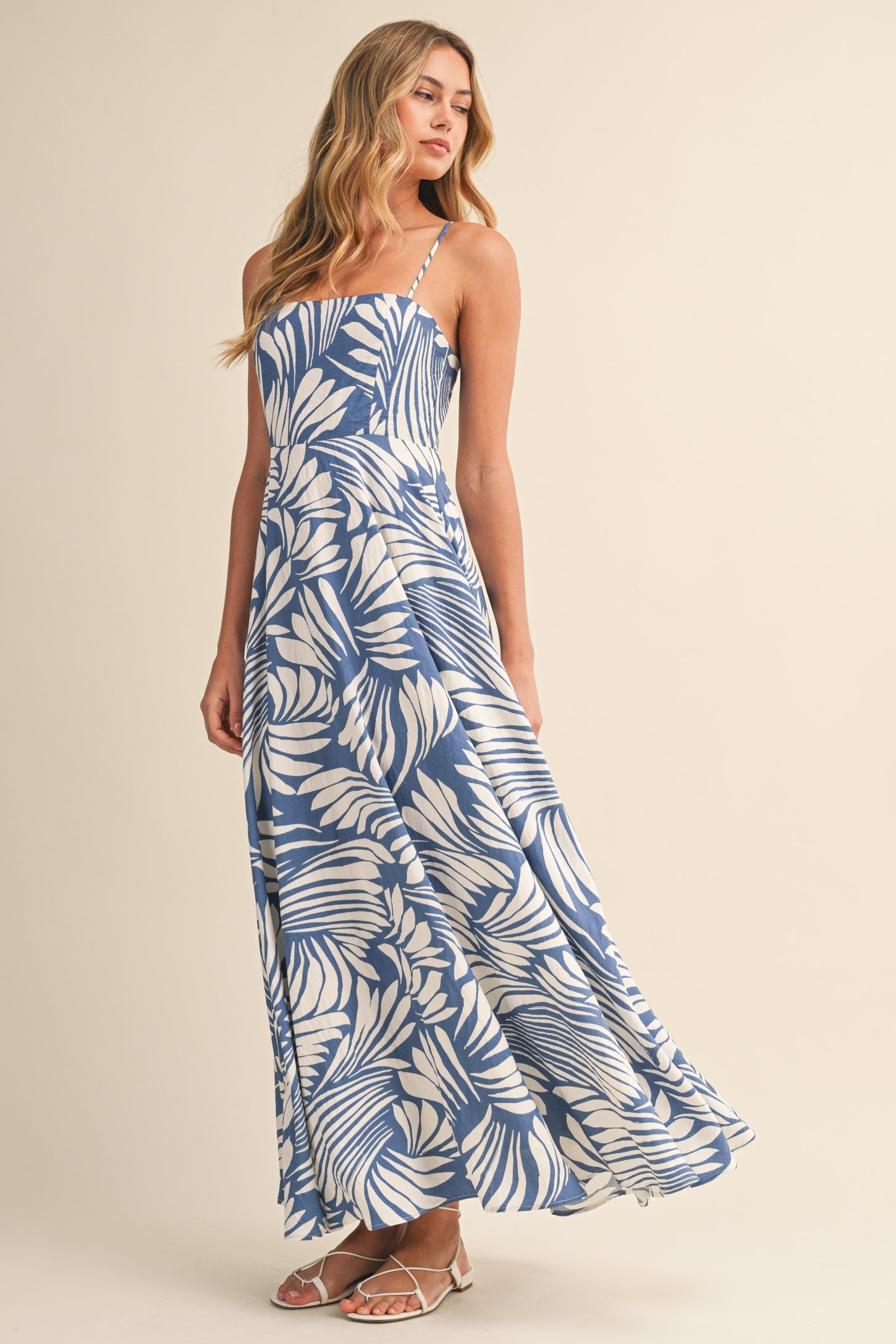 Blue Printed Linen A-Line Midi Dress