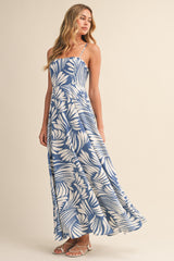 Blue Printed Linen A-Line Midi Dress