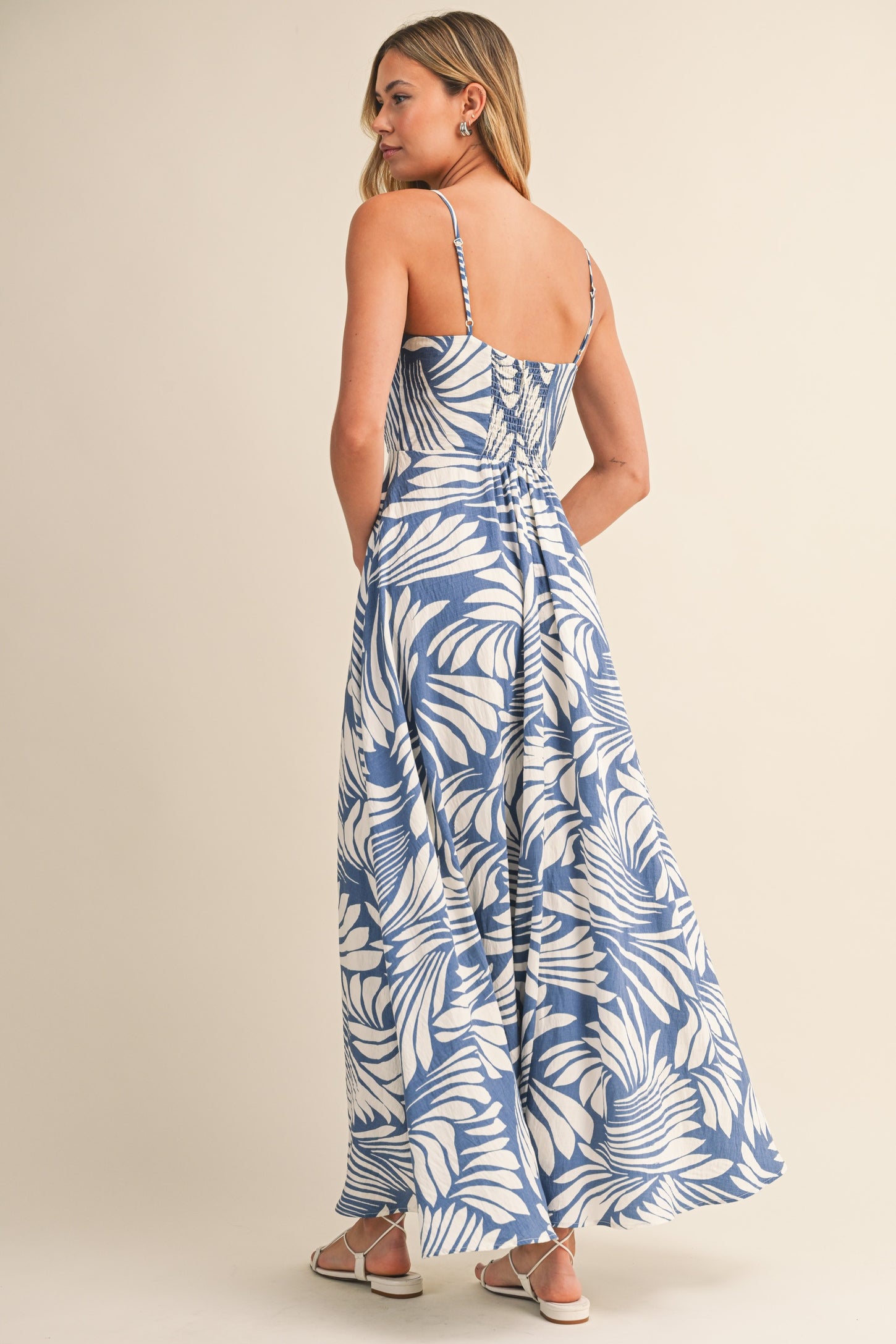 Blue Printed Linen A-Line Midi Dress