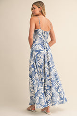 Blue Printed Linen A-Line Midi Dress