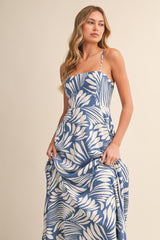 Blue Printed Linen A-Line Midi Dress