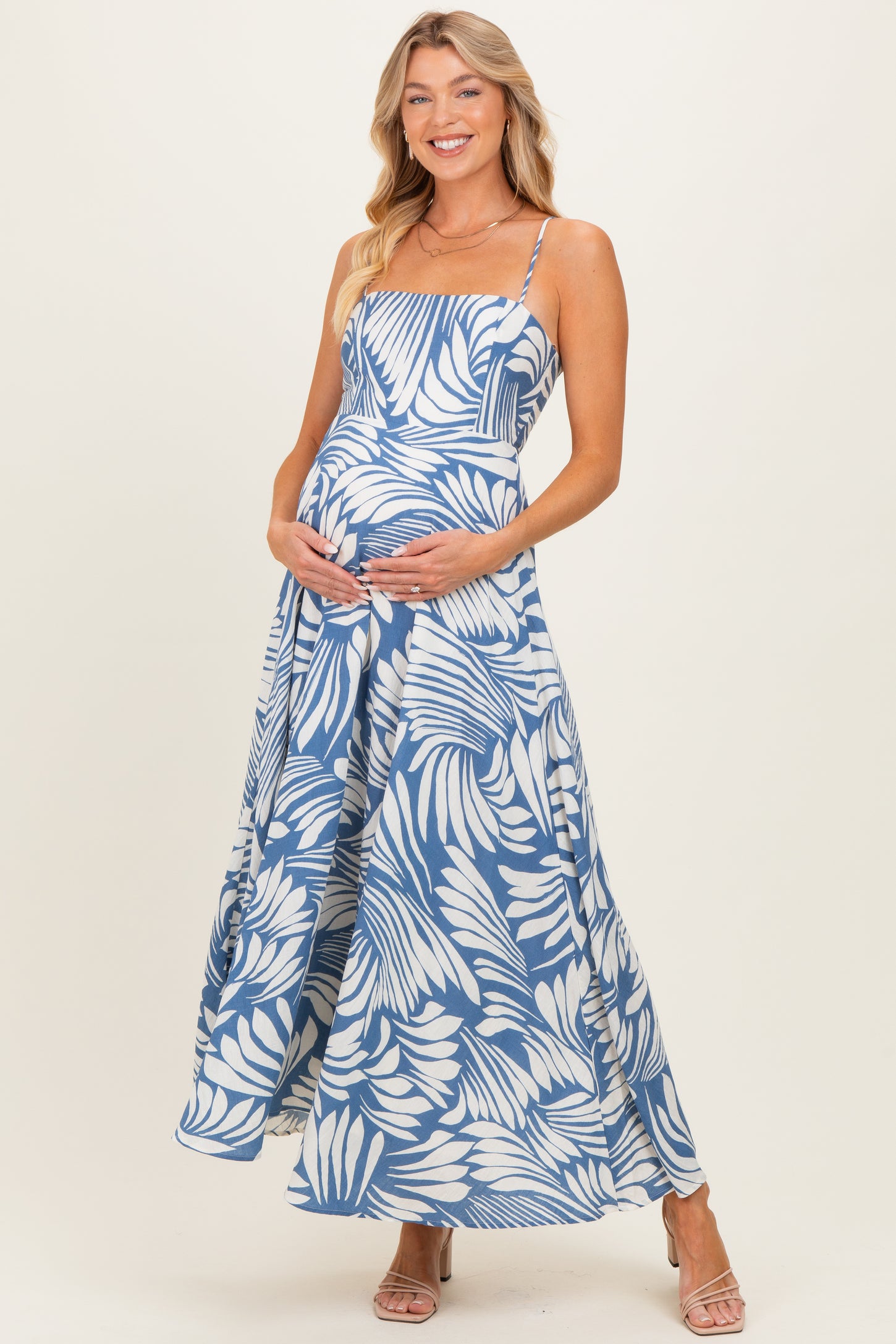 Blue Printed Linen A-Line Maternity Midi Dress