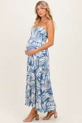 Blue Printed Linen A-Line Maternity Midi Dress