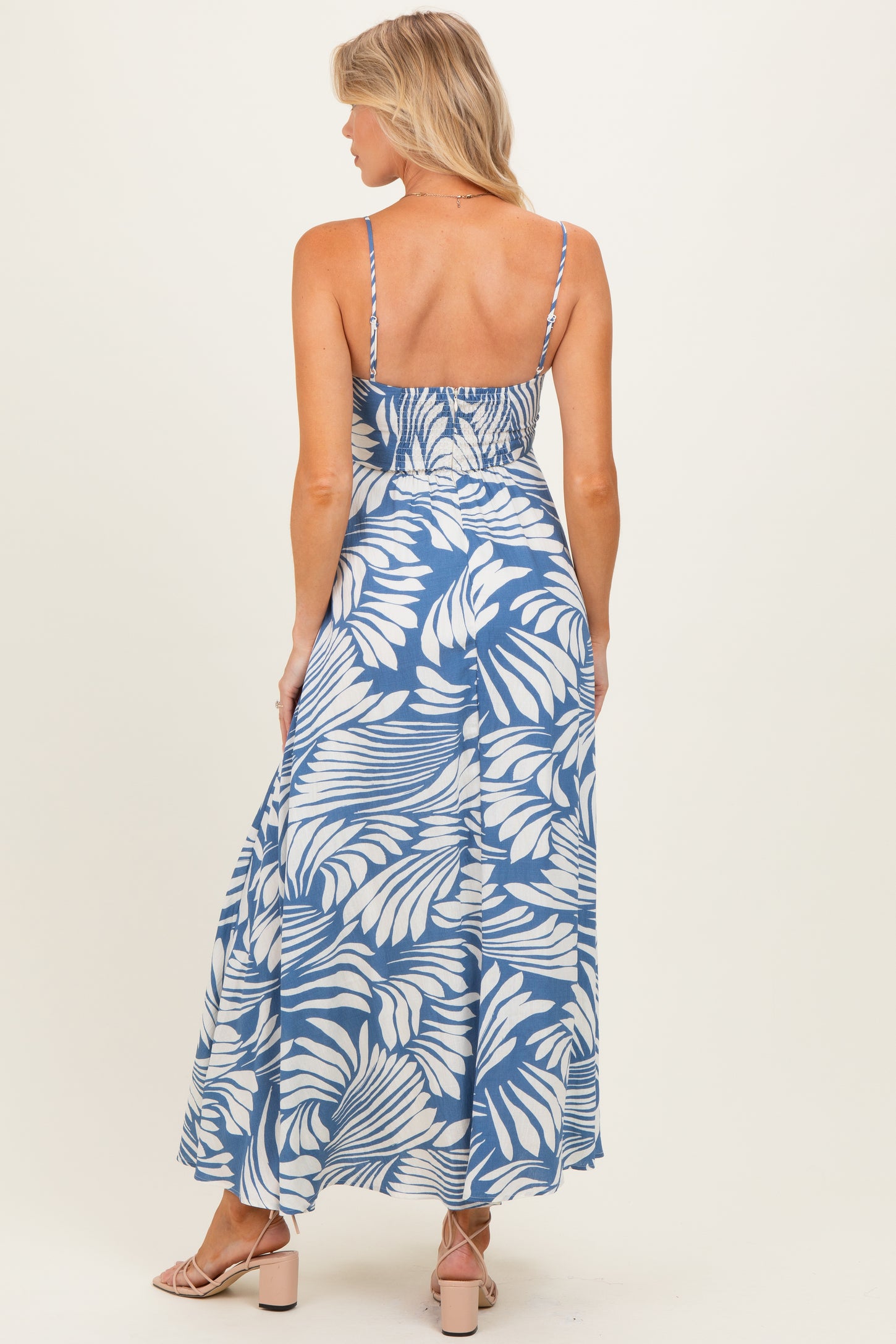 Blue Printed Linen A-Line Maternity Midi Dress