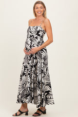Black Printed Linen A-Line Maternity Midi Dress
