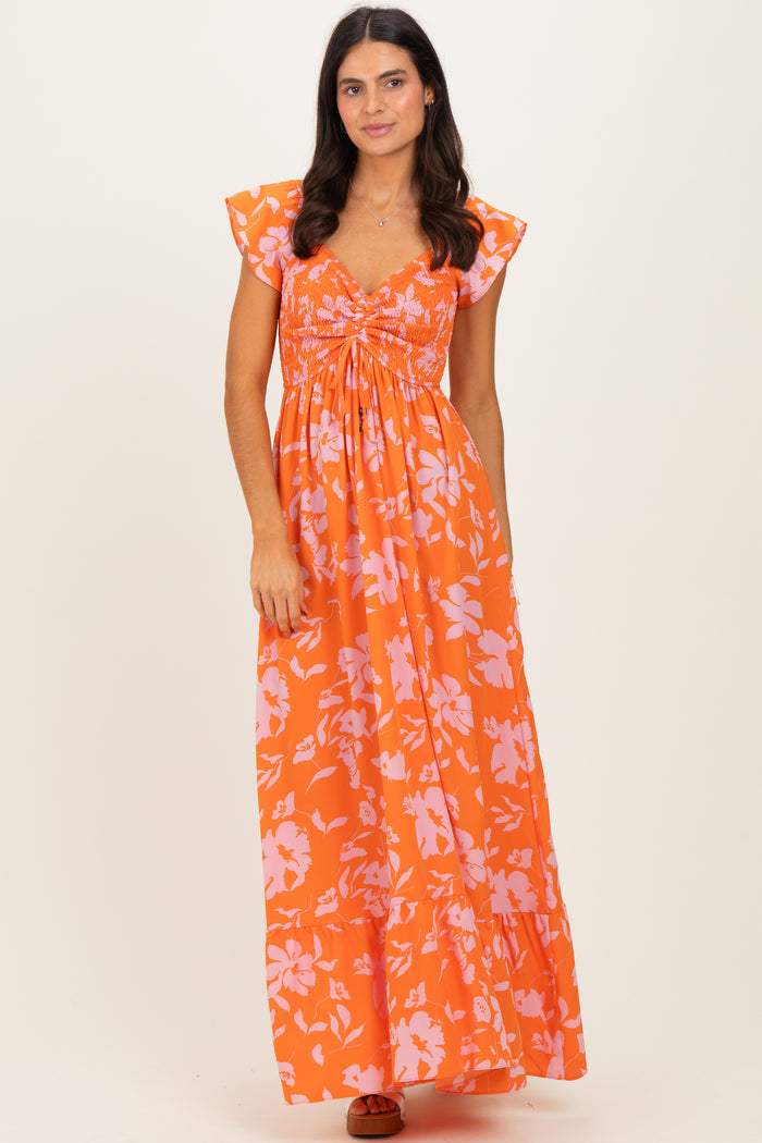 Orange Floral Smocked Cinched Top Maternity Maxi Dress