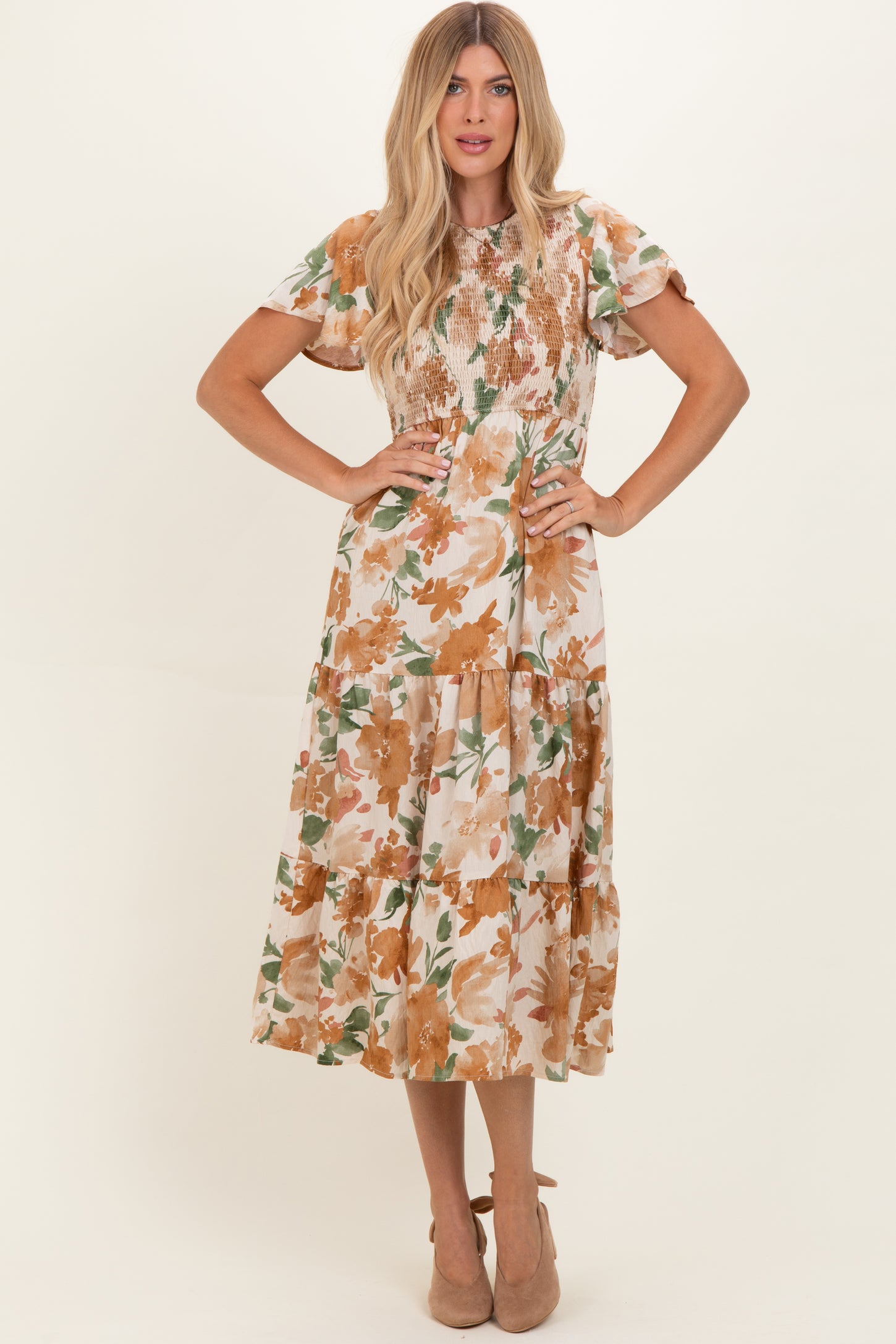 Mocha Floral Smocked Tiered Midi Dress