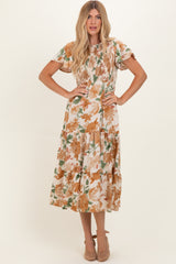 Mocha Floral Smocked Tiered Midi Dress