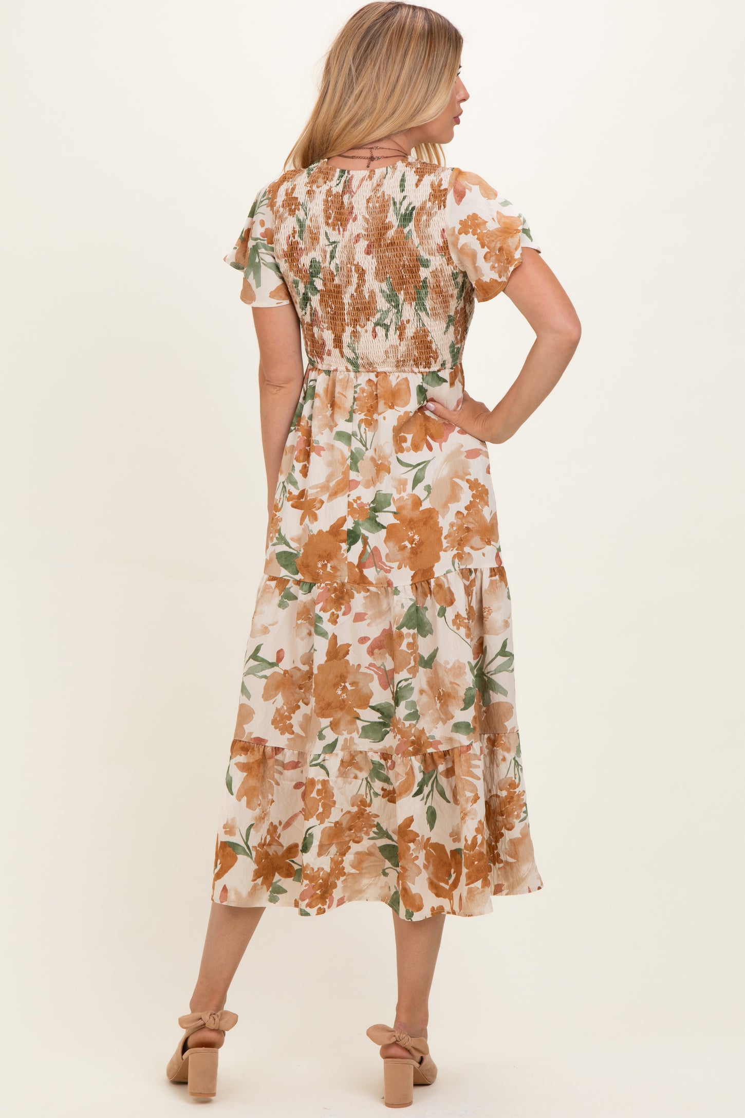 Mocha Floral Smocked Tiered Midi Dress