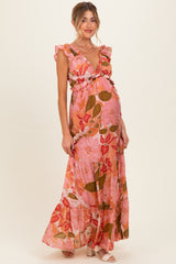 Pink Floral V-Neck Tiered Maternity Maxi Dress