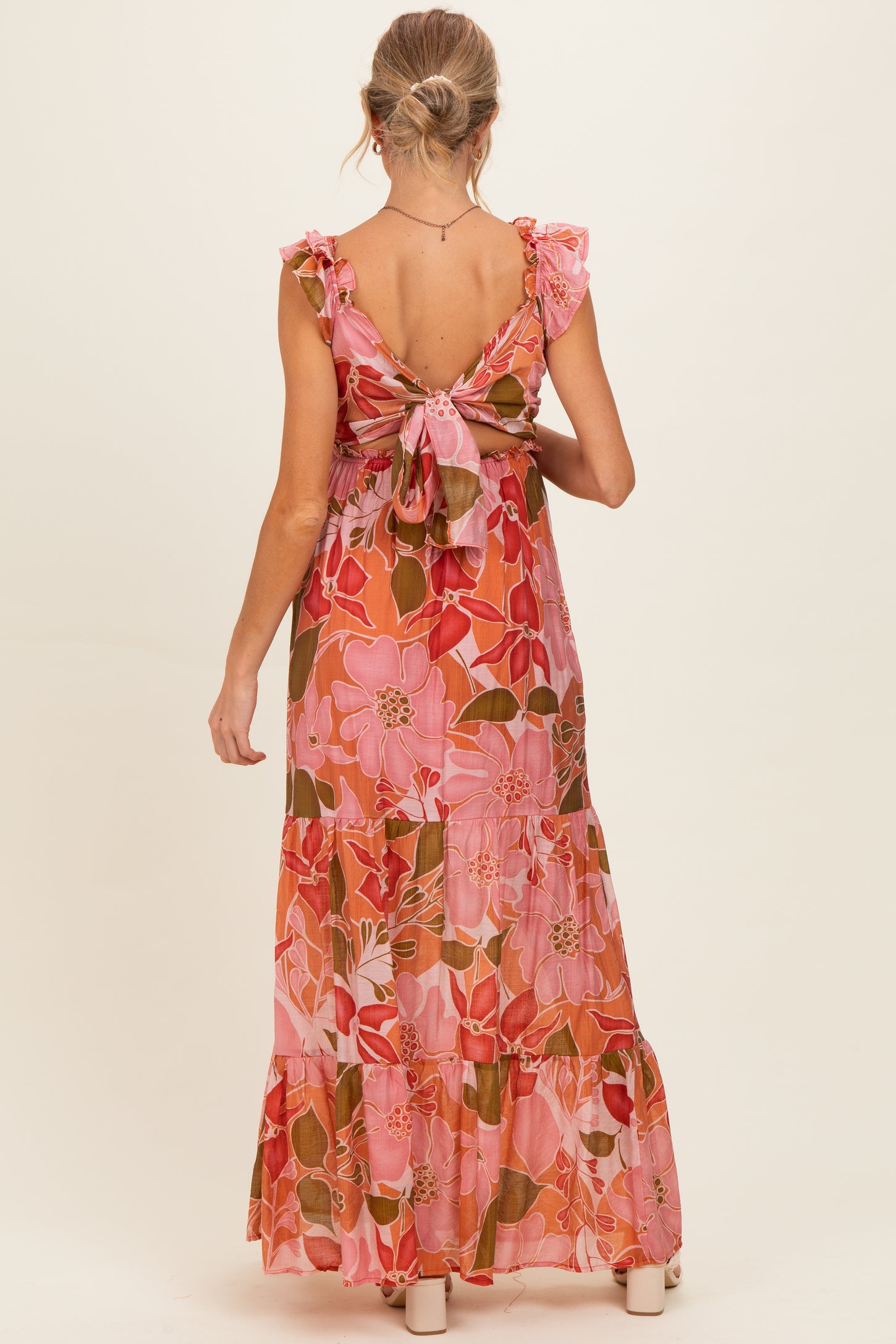 Pink Floral V-Neck Tiered Maternity Maxi Dress