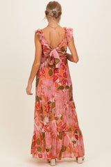 Pink Floral V-Neck Tiered Maternity Maxi Dress