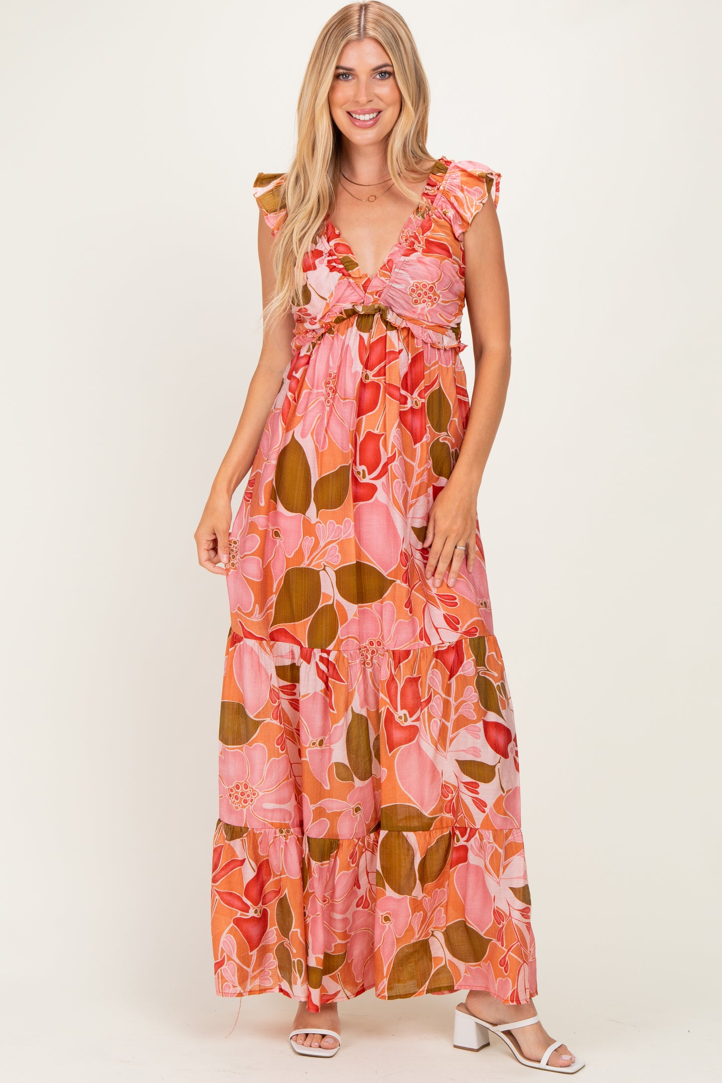 Pink Floral V-Neck Tiered Maternity Maxi Dress