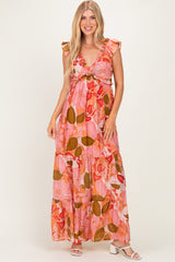 Pink Floral V-Neck Tiered Maternity Maxi Dress