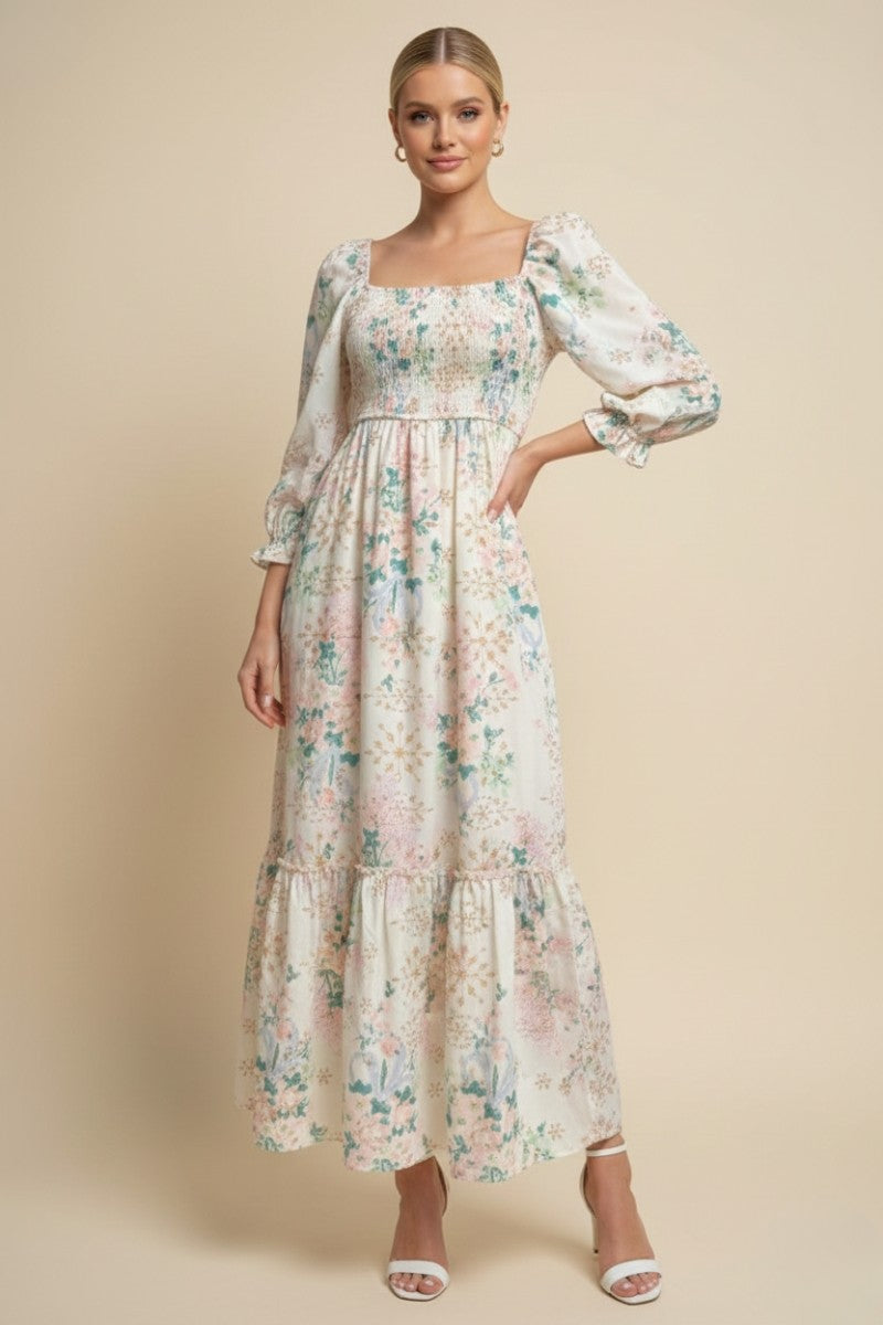 Ivory Floral Smocked 3/4 Sleeve Maxi Dress