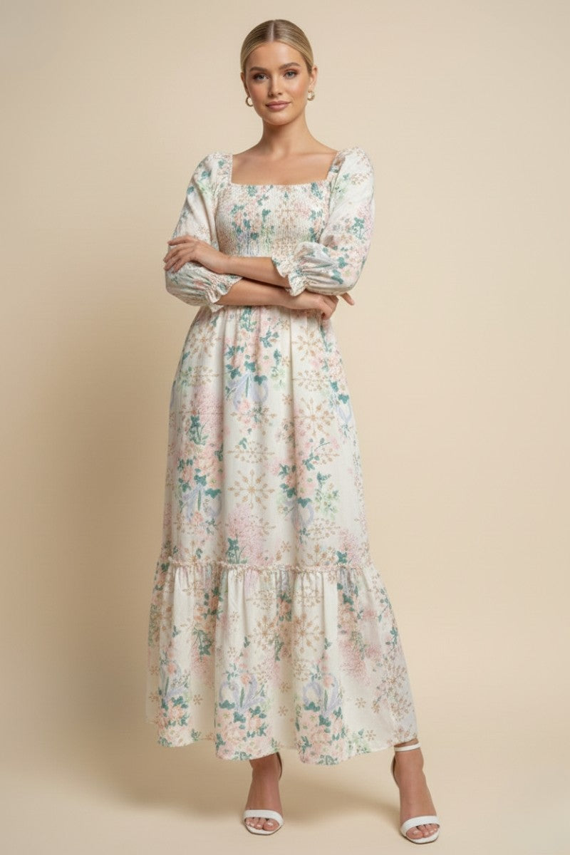 Ivory Floral Smocked 3/4 Sleeve Maxi Dress