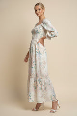 Ivory Floral Smocked 3/4 Sleeve Maxi Dress