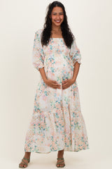 Ivory Floral Smocked 3/4 Sleeve Maternity Maxi Dress