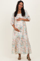 Ivory Floral Smocked 3/4 Sleeve Maternity Maxi Dress
