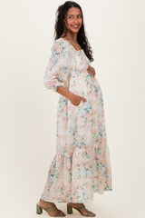 Ivory Floral Smocked 3/4 Sleeve Maternity Maxi Dress