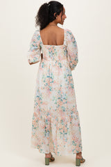Ivory Floral Smocked 3/4 Sleeve Maternity Maxi Dress