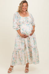Ivory Floral Smocked 3/4 Sleeve Maternity Plus Maxi Dress