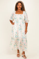 Ivory Floral Smocked 3/4 Sleeve Maternity Plus Maxi Dress
