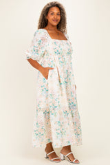Ivory Floral Smocked 3/4 Sleeve Plus Maxi Dress