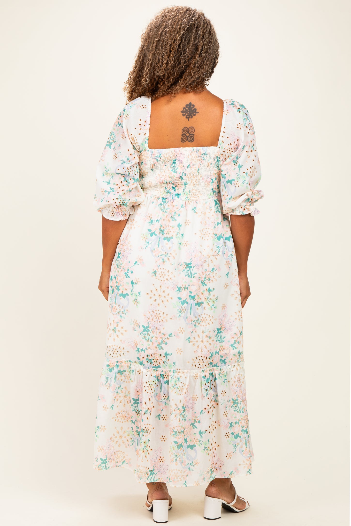 Ivory Floral Smocked 3/4 Sleeve Plus Maxi Dress