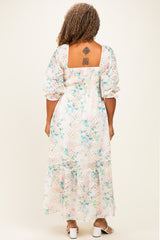Ivory Floral Smocked 3/4 Sleeve Plus Maxi Dress