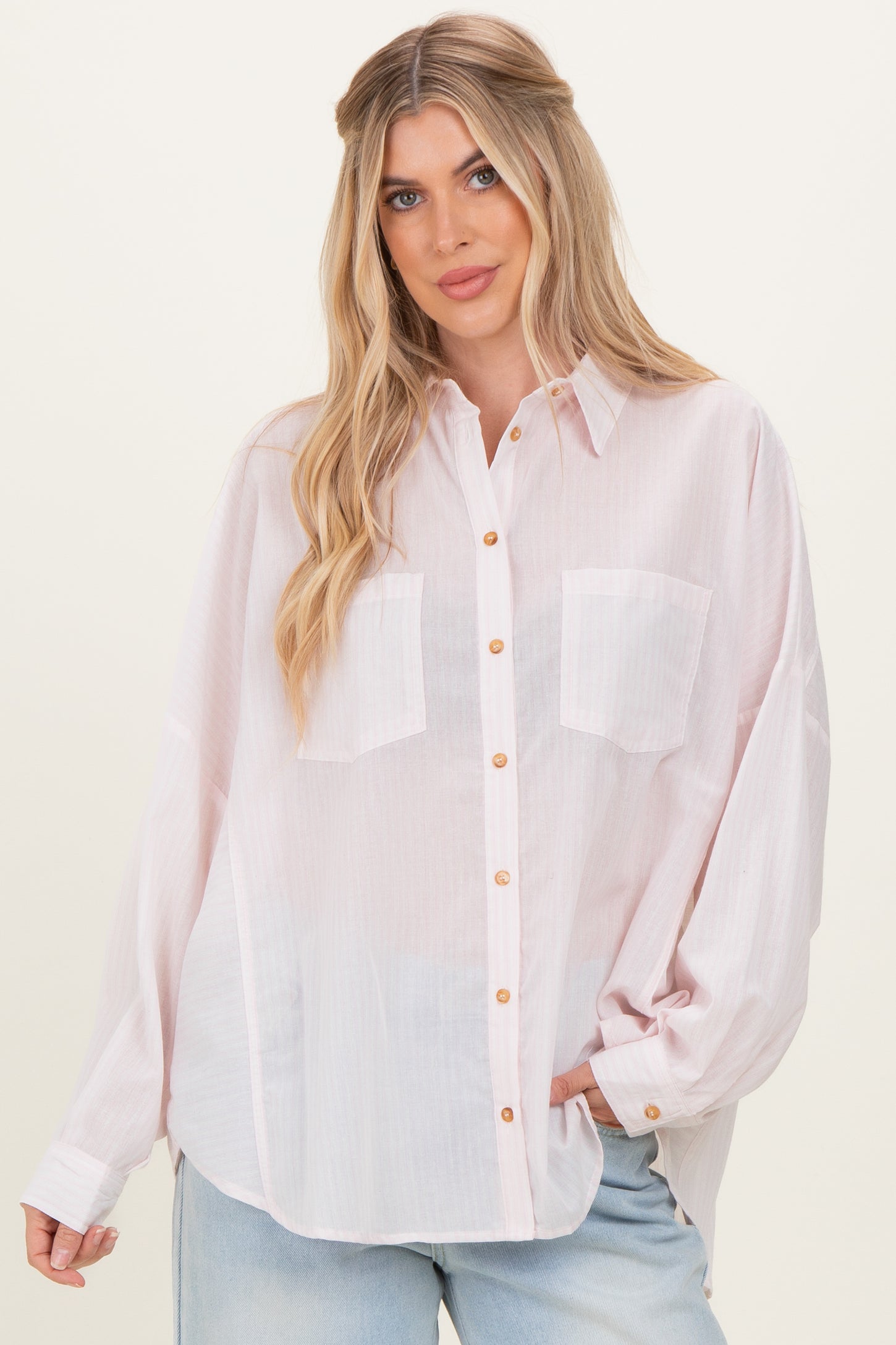 Pink Oversized Striped Button-Up Shirt