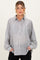 woman wearing a blue and white striped maternity button-up shirt with two front pockets and relaxed fit