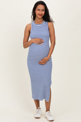 Blue Striped Side Slit Maternity Tank Dress