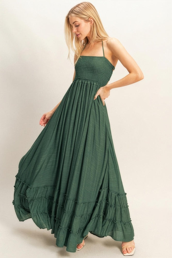 Hunter Green Smocked Halter Open Back Maternity Maxi Dress