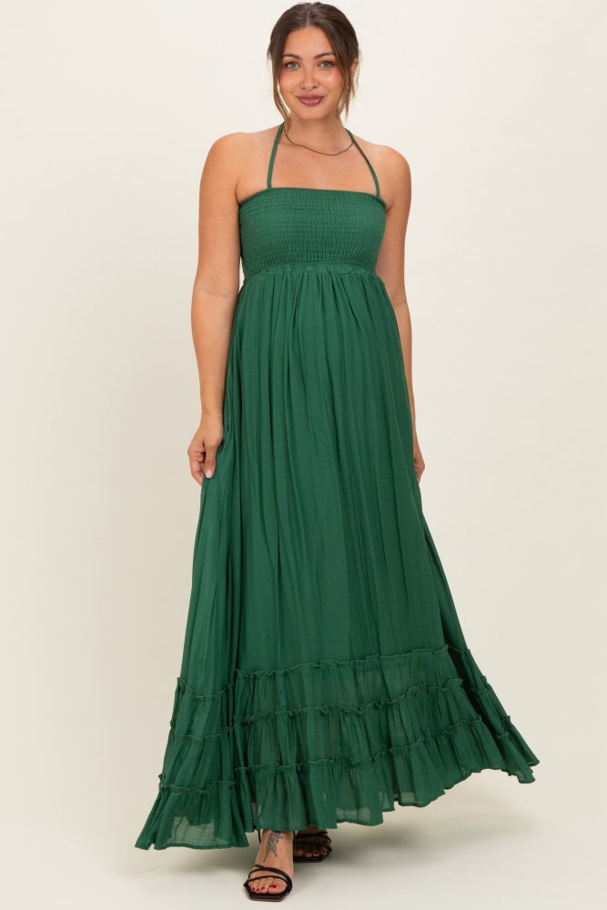 Hunter Green Smocked Halter Open Back Maternity Maxi Dress