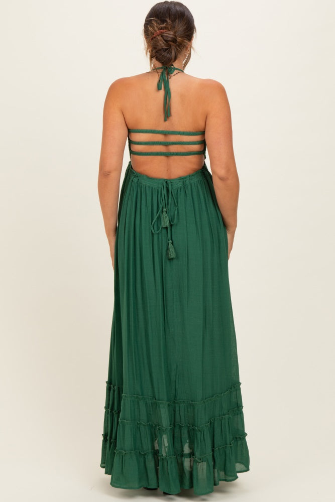 Hunter Green Smocked Halter Open Back Maternity Maxi Dress