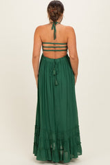 Hunter Green Smocked Halter Open Back Maternity Maxi Dress