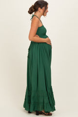 Hunter Green Smocked Halter Open Back Maternity Maxi Dress