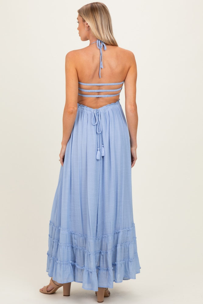 Powder Blue Smocked Halter Open Back Maternity Maxi Dress
