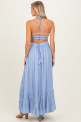 Powder Blue Smocked Halter Open Back Maternity Maxi Dress