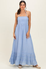 Powder Blue Smocked Halter Open Back Maternity Maxi Dress
