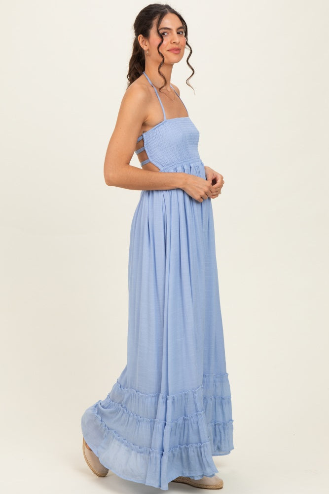 Powder Blue Smocked Halter Open Back Maxi Dress