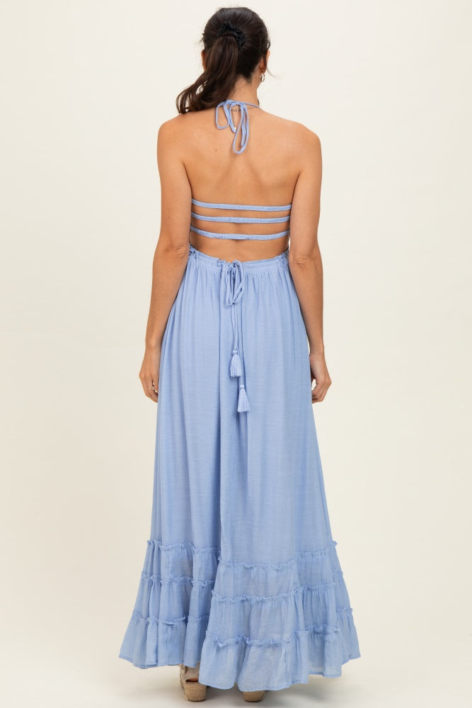 Powder Blue Smocked Halter Open Back Maxi Dress