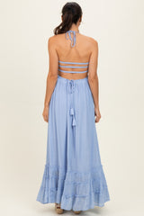 Powder Blue Smocked Halter Open Back Maxi Dress