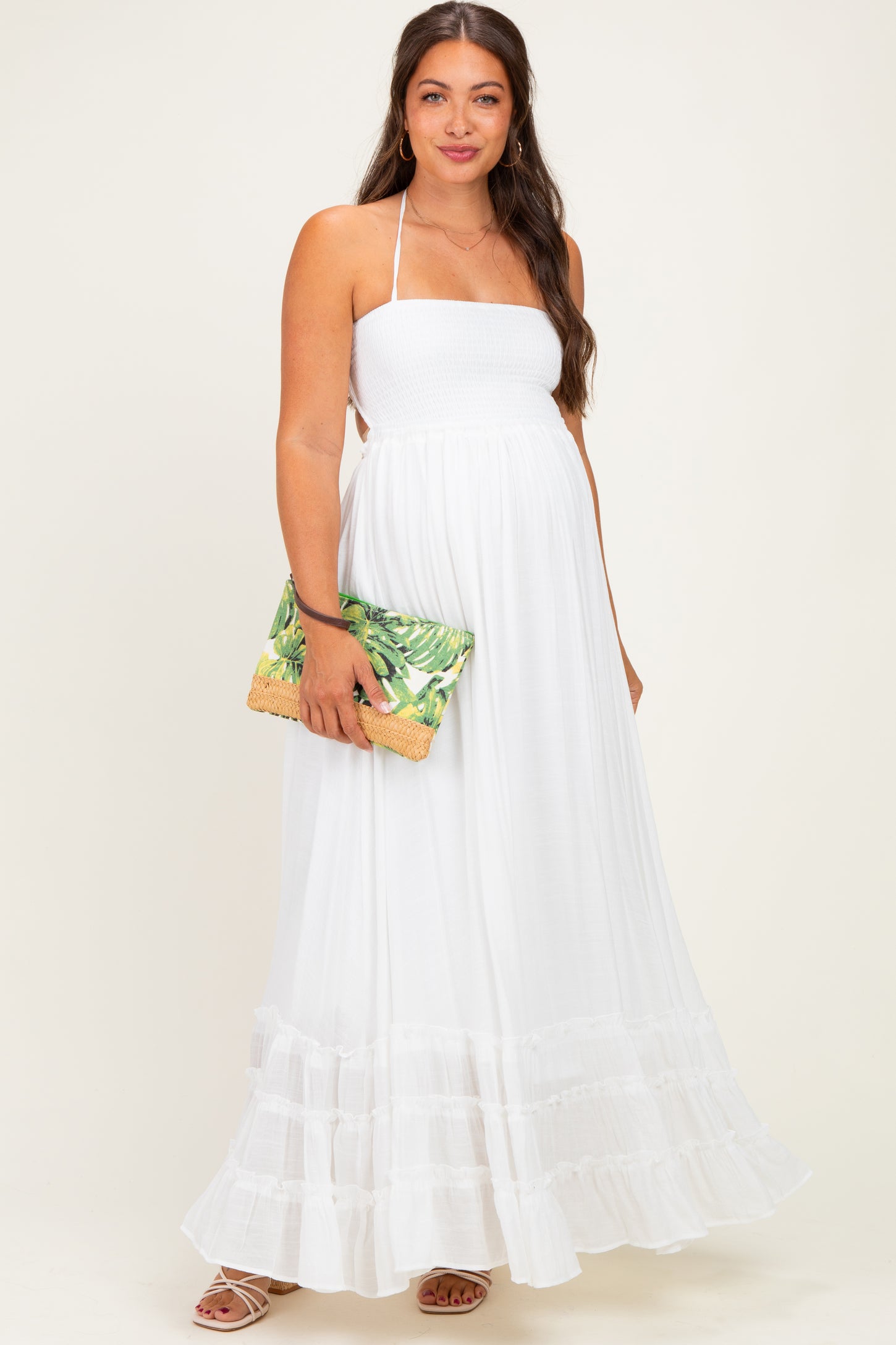 White Smocked Halter Open Back Maternity Maxi Dress