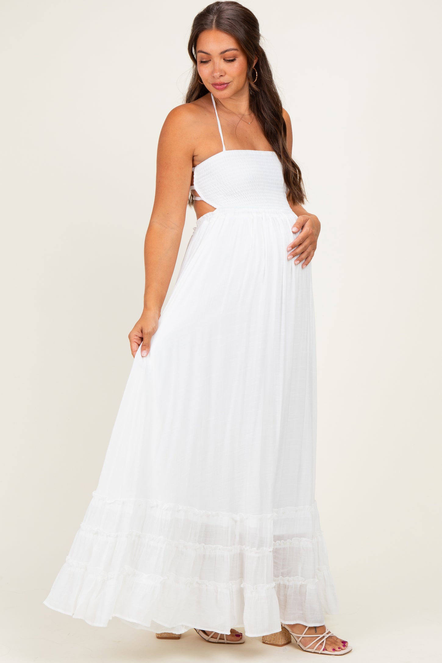 White Smocked Halter Open Back Maternity Maxi Dress