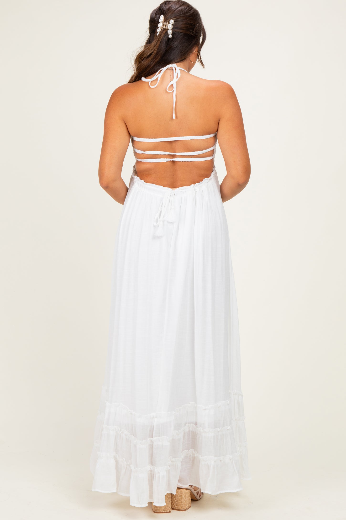 White Smocked Halter Open Back Maternity Maxi Dress