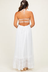 White Smocked Halter Open Back Maternity Maxi Dress